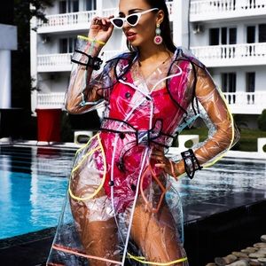 Transparent PVC RainCoat 🌈 trim, removable hood!